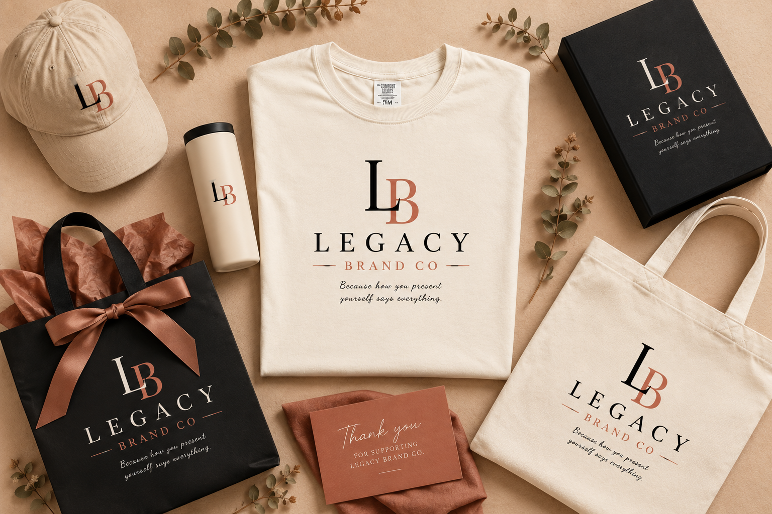 A styled arrangement of custom branded tees, hats, tumblers and totes